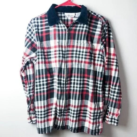 Vintage Plaid Velvet Collar Shacket Womens Full Zip Large Lightweight Jacket - Picture 5 of 5